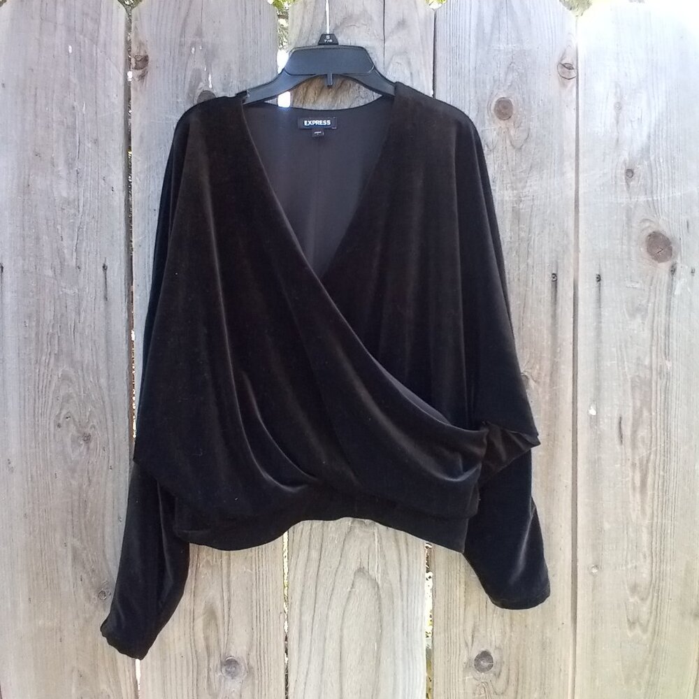 EXPRESS BLOUSE WOMENS OVERSIZE S BLACK VELVET/VELOUR WRAP V NECK PULLOVER